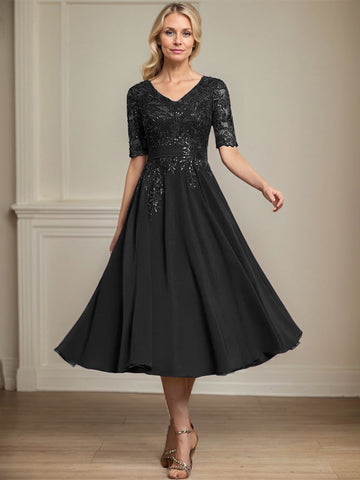 A-line V-Neck Tea-Length Lace Chiffon Mother of the Bride Dress With Sequins