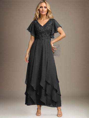 A-line V-Neck Ankle-Length Lace Chiffon Mother of the Bride Dress With Cascading Ruffles