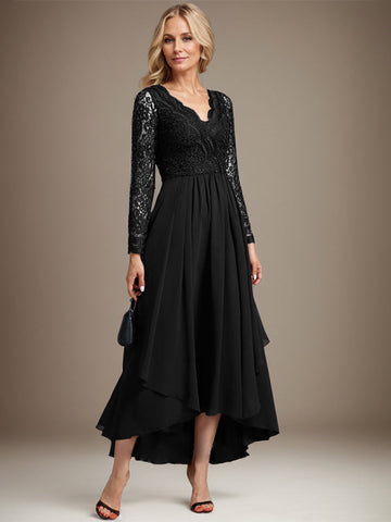A-line V-Neck Asymmetrical Lace Chiffon Mother of the Bride Dress
