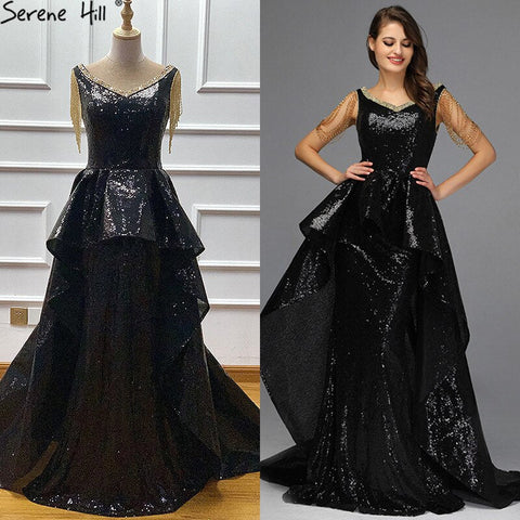 On Sale No Return No Refund Black Asymmetrical Sleeveless Sexy Evening Dresses 2025 Dubai Design Off Shoulder Tassel Formal Dress LA60798