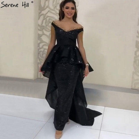 On Sale No Return No Refund Black Asymmetrical Sleeveless Sexy Evening Dresses 2025 Dubai Design Off Shoulder Tassel Formal Dress LA60798