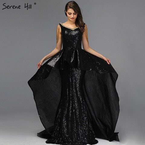 On Sale No Return No Refund Black Asymmetrical Sleeveless Sexy Evening Dresses 2025 Dubai Design Off Shoulder Tassel Formal Dress LA60798