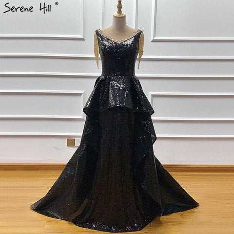On Sale No Return No Refund Black Asymmetrical Sleeveless Sexy Evening Dresses 2025 Dubai Design Off Shoulder Tassel Formal Dress LA60798