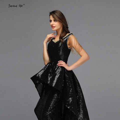On Sale No Return No Refund Black Asymmetrical Sleeveless Sexy Evening Dresses 2025 Dubai Design Off Shoulder Tassel Formal Dress LA60798