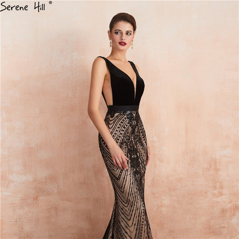 Black Backless Sexy Mermaid Prom Dresses Design 2025 V-Neck Sequins Long Prom Party Dress LA70288