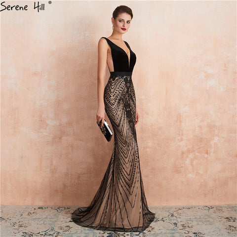 Black Backless Sexy Mermaid Prom Dresses Design 2025 V-Neck Sequins Long Prom Party Dress LA70288