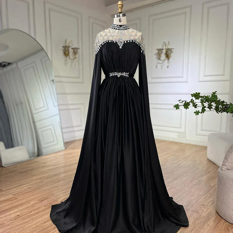 Black Diamond  Caple Sleeves Chiffon Evening Dress Dubai Design High Neck  Gowns 2025 LA60718