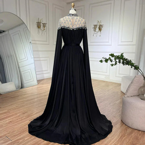 Black Diamond  Caple Sleeves Chiffon Evening Dress Dubai Design High Neck  Gowns 2025 LA60718