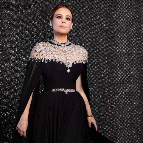 Black Diamond  Caple Sleeves Chiffon Evening Dress Dubai Design High Neck  Gowns 2025 LA60718