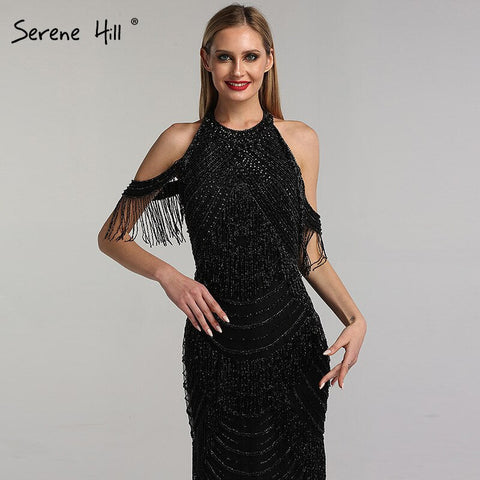 Black Halter Backless Sexy Luxury Evening Dresses 2025 Tassel Beading Sleeveless Mermaid  Formal Dress LA6229