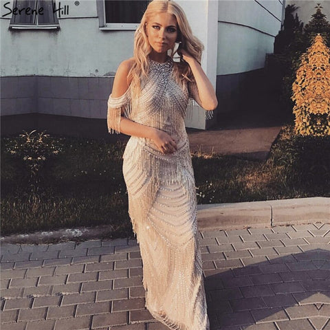 Black Halter Backless Sexy Luxury Evening Dresses 2025 Tassel Beading Sleeveless Mermaid  Formal Dress LA6229