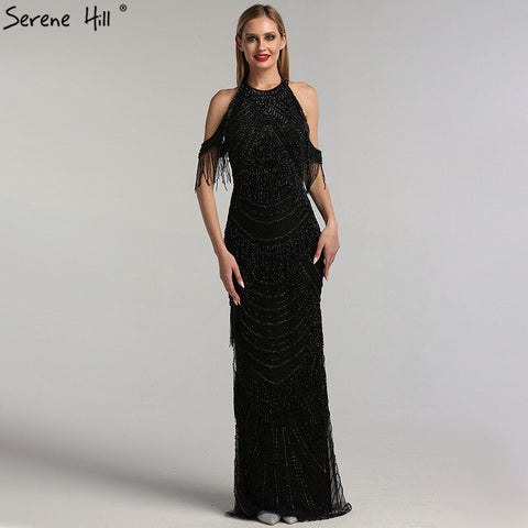 Black Halter Backless Sexy Luxury Evening Dresses 2025 Tassel Beading Sleeveless Mermaid  Formal Dress LA6229