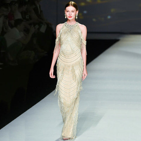 Black Halter Backless Sexy Luxury Evening Dresses 2025 Tassel Beading Sleeveless Mermaid  Formal Dress LA6229