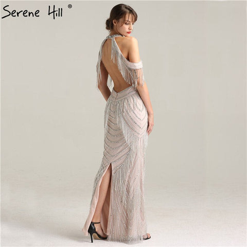 Black Halter Backless Sexy Luxury Evening Dresses 2025 Tassel Beading Sleeveless Mermaid  Formal Dress LA6229