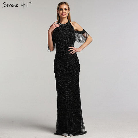 Black Halter Backless Sexy Luxury Evening Dresses 2025 Tassel Beading Sleeveless Mermaid  Formal Dress LA6229