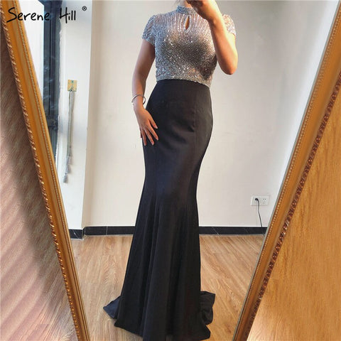 Sale Black High Neck Satin Mermaid Evening Dresses 2025 Beading Crystal Short Sleeves Sexy Evening Gowns LA70162