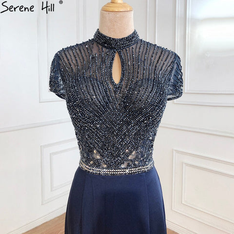 Sale Black High Neck Satin Mermaid Evening Dresses 2025 Beading Crystal Short Sleeves Sexy Evening Gowns LA70162