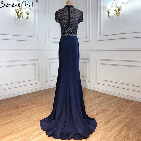 Sale Black High Neck Satin Mermaid Evening Dresses 2025 Beading Crystal Short Sleeves Sexy Evening Gowns LA70162