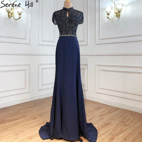 Sale Black High Neck Satin Mermaid Evening Dresses 2025 Beading Crystal Short Sleeves Sexy Evening Gowns LA70162