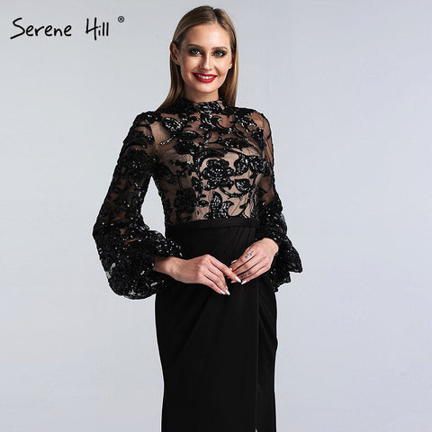 Black Long Sleeves Mermaid Design Evening Dresses High Neck Sequined Illusion Formal Gowns 2025 LA60921