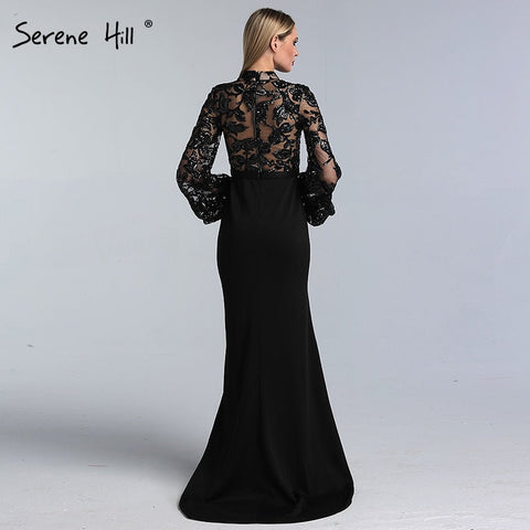 Black Long Sleeves Mermaid Design Evening Dresses High Neck Sequined Illusion Formal Gowns 2025 LA60921