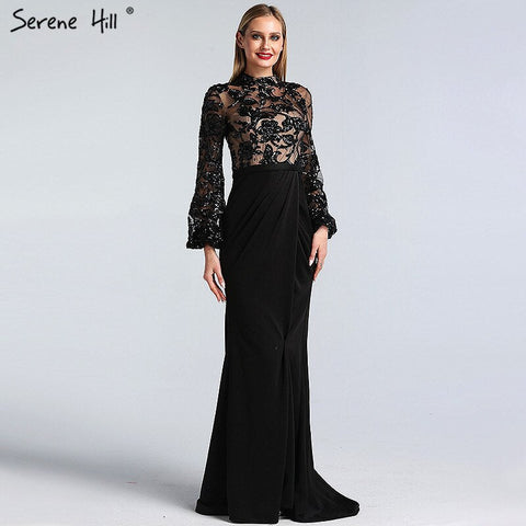 Black Long Sleeves Mermaid Design Evening Dresses High Neck Sequined Illusion Formal Gowns 2025 LA60921