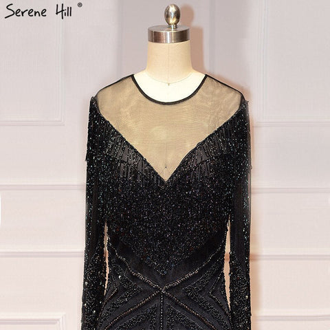 On Sale No Return No Refund Black Luxury Sexy Evening Dresses 2025 Slim Mermaid Tassel Beading Long Sleeves Evening Gowns For Woman LA60716