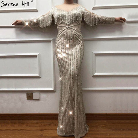 On Sale No Return No Refund Black Luxury Sexy Evening Dresses 2025 Slim Mermaid Tassel Beading Long Sleeves Evening Gowns For Woman LA60716