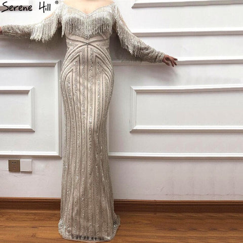 On Sale No Return No Refund Black Luxury Sexy Evening Dresses 2025 Slim Mermaid Tassel Beading Long Sleeves Evening Gowns For Woman LA60716