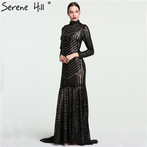Sale Black Mermaid High Neck Luxury Evening Dresses Sequined Long Sleeves Formal Evening Gowns 2025 LA6090