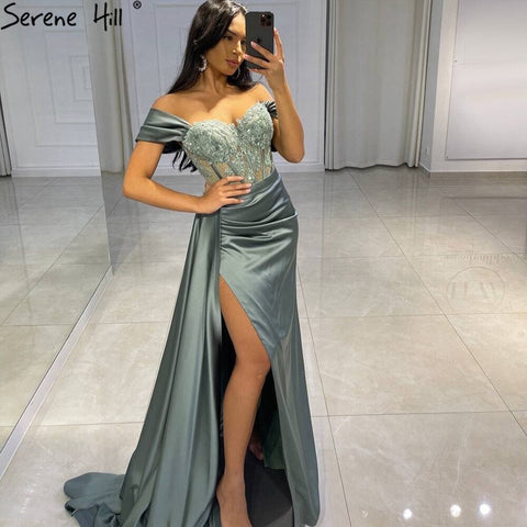 Black Mermaid High Split Evening Dresses Gowns 2025 Satin Beaded Elegant Sexy For Women Party LA71412