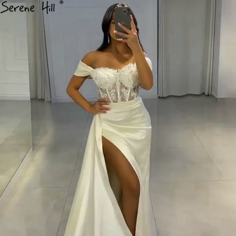 Black Mermaid High Split Evening Dresses Gowns 2025 Satin Beaded Elegant Sexy For Women Party LA71412