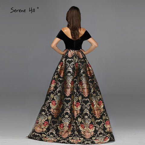 Sale Black Off Shoulder 3D Flowers Evening Dresses 2025 Short Sleeve A-Line Sexy Formal Dress LA70016