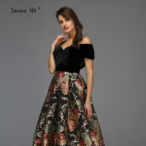 Sale Black Off Shoulder 3D Flowers Evening Dresses 2025 Short Sleeve A-Line Sexy Formal Dress LA70016