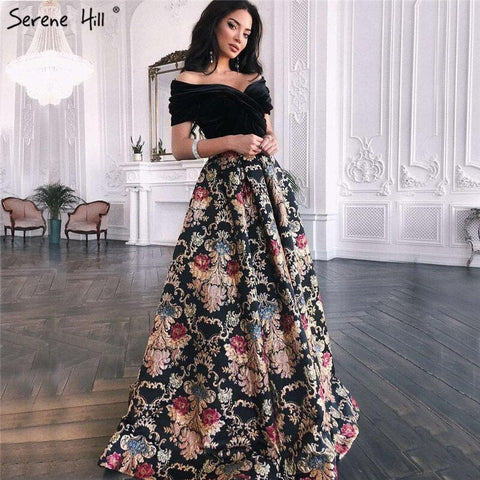 Sale Black Off Shoulder 3D Flowers Evening Dresses 2025 Short Sleeve A-Line Sexy Formal Dress LA70016