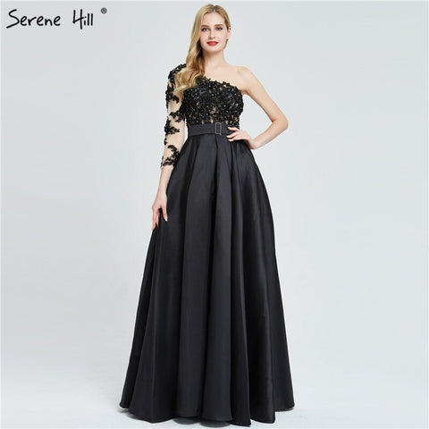 Black Off Shoulder Sexy A-Line Evening Dresses 2025 Handmade Flowers Crystal Satin Formal Dress LA70038