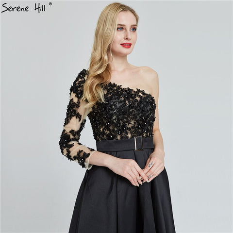 Black Off Shoulder Sexy A-Line Evening Dresses 2025 Handmade Flowers Crystal Satin Formal Dress LA70038