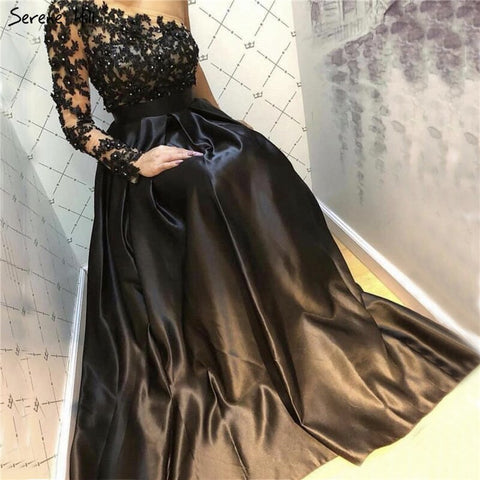Black Off Shoulder Sexy A-Line Evening Dresses 2025 Handmade Flowers Crystal Satin Formal Dress LA70038