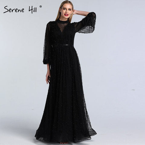 Black Peach Pearls A-Line Evening Dresses 2025 Latest Design Long Sleeves Sexy Evening Gowns Plus Size LA60835