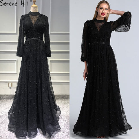 Black Peach Pearls A-Line Evening Dresses 2025 Latest Design Long Sleeves Sexy Evening Gowns Plus Size LA60835