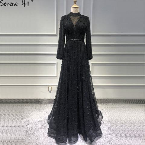 Black Peach Pearls A-Line Evening Dresses 2025 Latest Design Long Sleeves Sexy Evening Gowns Plus Size LA60835