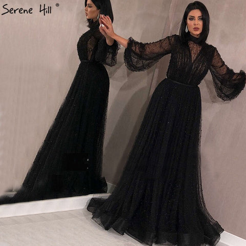 Black Peach Pearls A-Line Evening Dresses 2025 Latest Design Long Sleeves Sexy Evening Gowns Plus Size LA60835