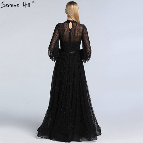 Black Peach Pearls A-Line Evening Dresses 2025 Latest Design Long Sleeves Sexy Evening Gowns Plus Size LA60835
