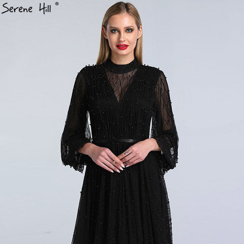 Black Peach Pearls A-Line Evening Dresses 2025 Latest Design Long Sleeves Sexy Evening Gowns Plus Size LA60835