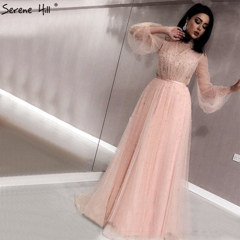 Black Peach Pearls A-Line Evening Dresses 2025 Latest Design Long Sleeves Sexy Evening Gowns Plus Size LA60835