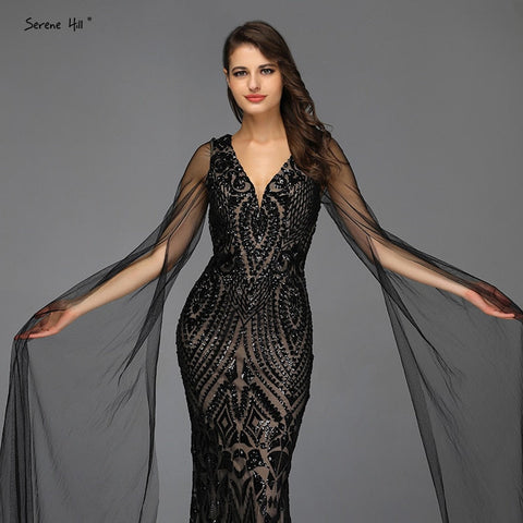 Black V-Neck Sequined Sexy Evening Dressese Mermaid Sleeveless Sparkle Evening Gowns Design 2025 LA70117