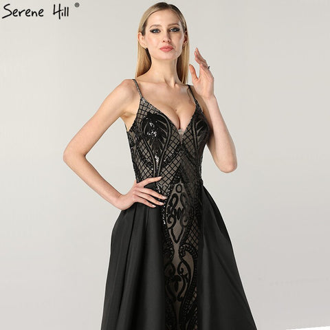 Black  V-Neck Sexy Sparkle 2025 Evening Dresses Dubai Design Sequined Sleeveless Evening Gowns Real Photo LA60727