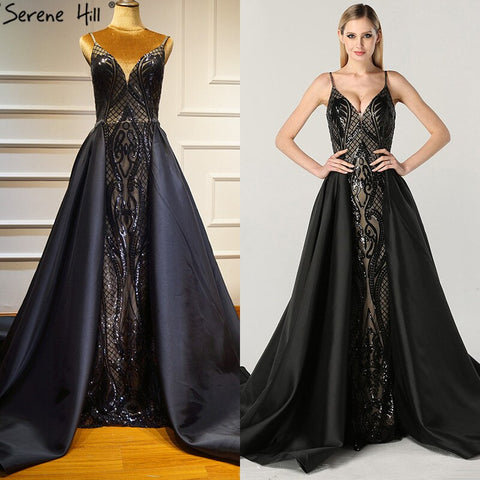 Black  V-Neck Sexy Sparkle 2025 Evening Dresses Dubai Design Sequined Sleeveless Evening Gowns Real Photo LA60727