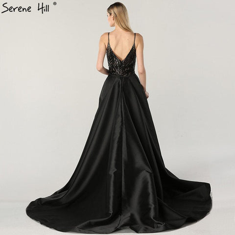 Black  V-Neck Sexy Sparkle 2025 Evening Dresses Dubai Design Sequined Sleeveless Evening Gowns Real Photo LA60727