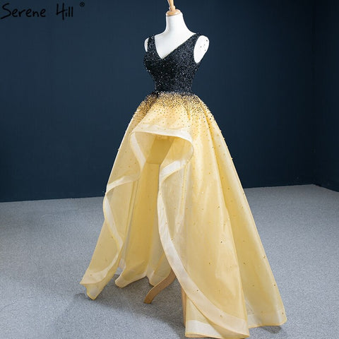 Black Yellowe Asymmetrical Luxury Evening Dresses 2025 V-Neck Beading High Quality Formal Dress HM67141